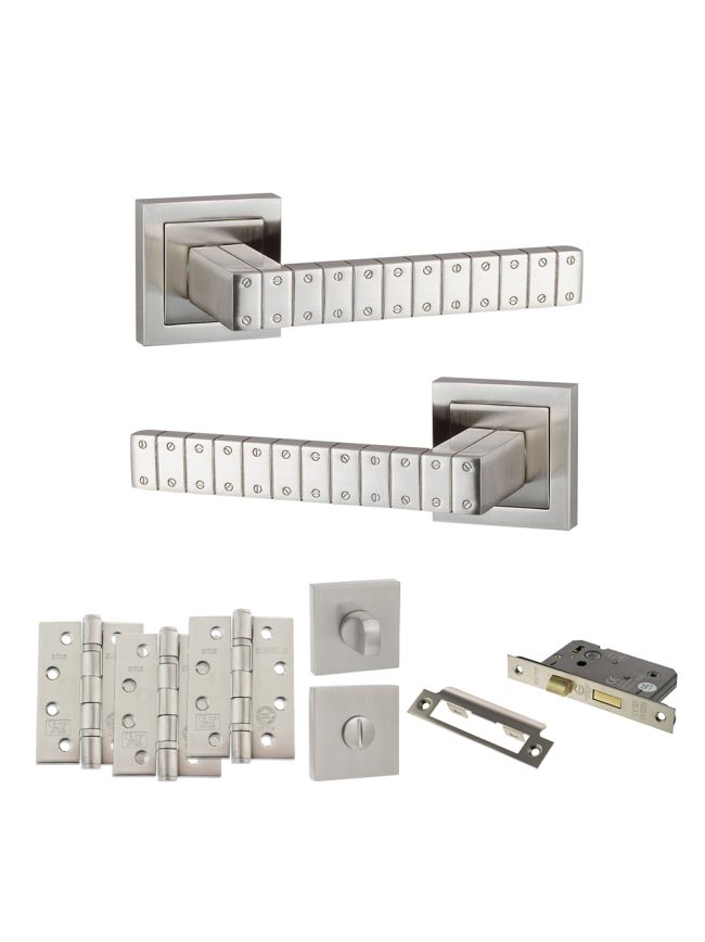 Senza Pari Bianca Door Handle Pack (Bathroom Set - 3" CE Bathroom Lock, 4" Fire Rated Hinges x3) - Satin Nickel