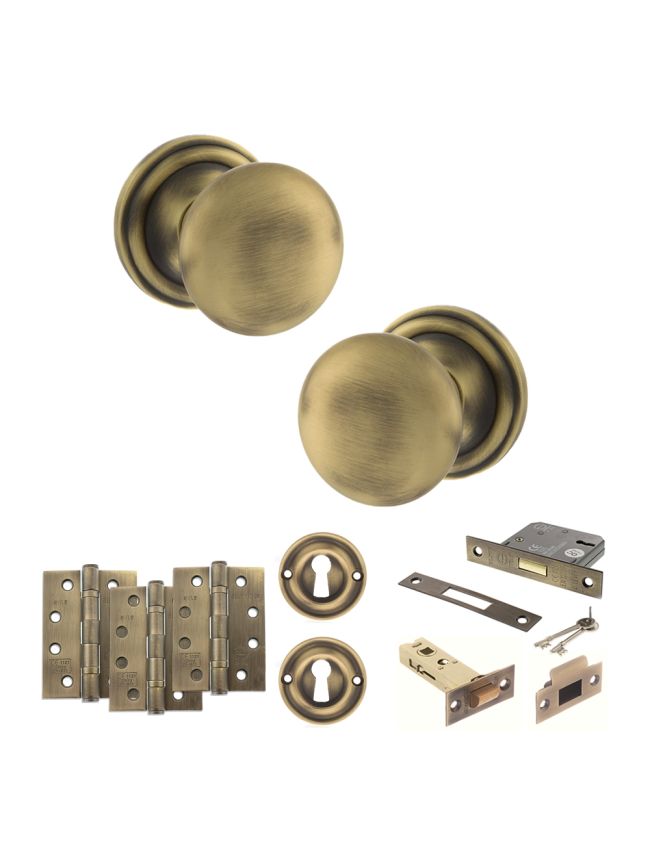 Old English Harrogate Door Knob Pack (Lock Set - 3" Latch & Deadlock, 4" Fire Rated Hinges x3) - Matt Antique Brass