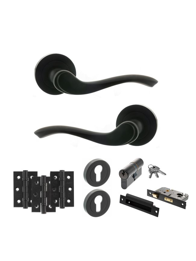 Old English Warwick Door Handle Pack (Euro Lock Set - 3" CE Sashlock, 3" Fire Rated Hinges x3) - Matt Black