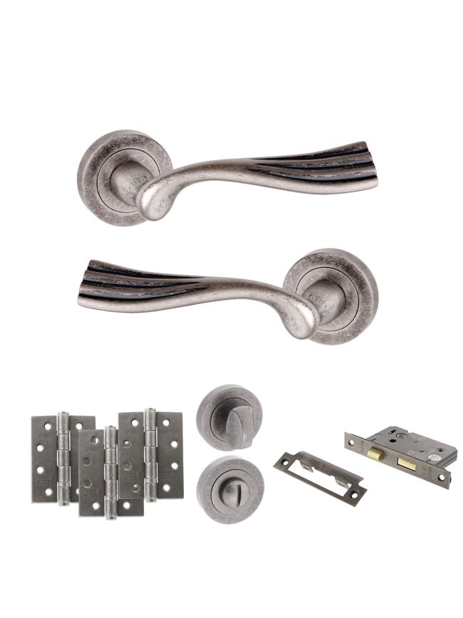 Old English Richmond Door Handle Pack (Bathroom Set - 3" CE Bathroom Lock, 4" Fire Rated Hinges x3) - Distressed Silver