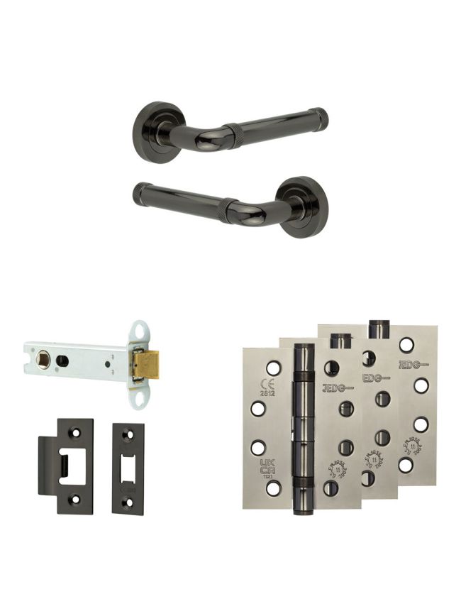 Complete Midtown Door Handle Pack - Heavy Duty Latch - Black Nickel - 102mm / 4-inch Hinges - JE-G22A-BN