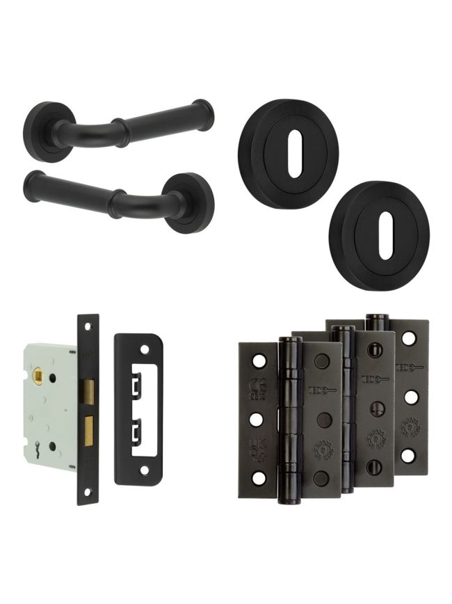 Complete Classic Door Handle Pack - Sashlock - Matt Black - 76mm / 3-inch Hinges - JE-A8B8-MB