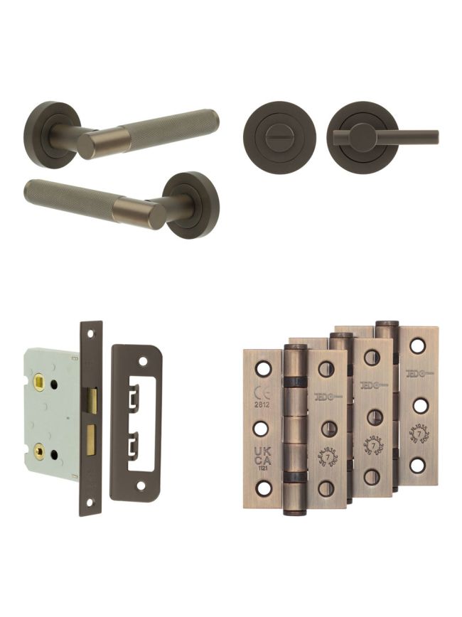 Complete Bari Door Handle Pack - Bathroom Lock (Plain Thumb Turn) - Dark Bronze - 76mm / 3-inch Hinges - JE-D6B2-DB