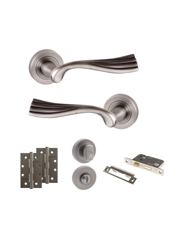 Old English Richmond Door Handle Pack (Bathroom Set - 3" CE Bathroom Lock, 4" Slim Knuckle Hinges x2) - Matt Gun Metal