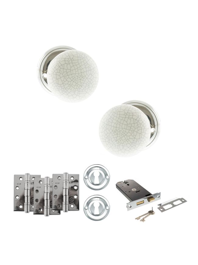 Old English Skipton Door Knob Pack (Lock Set - Horizontal Sashlock, 4" Fire Rated Hinges x3) - Polished Chrome