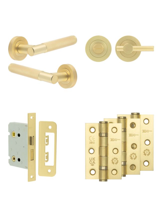 Complete Bari Door Handle Pack - Bathroom Lock (Knurled Thumb Turn) - Satin Brass - 76mm / 3-inch Hinges - JE-D6B1-SB