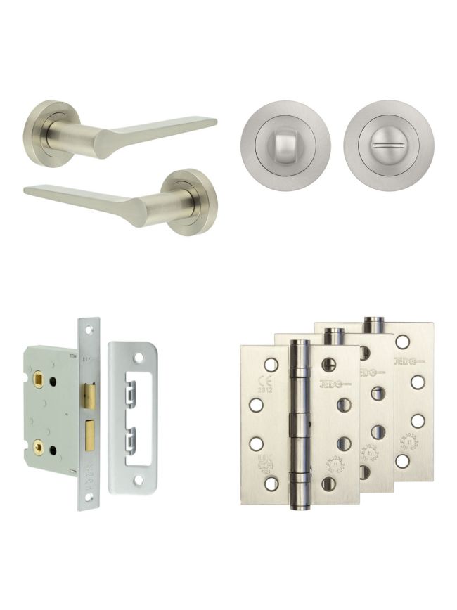 Complete Gio Door Handle Pack - Bathroom Lock (Standard Thumb Turn) - Satin Nickel - 76mm / 4-inch Hinges - JE-E6A3-SN