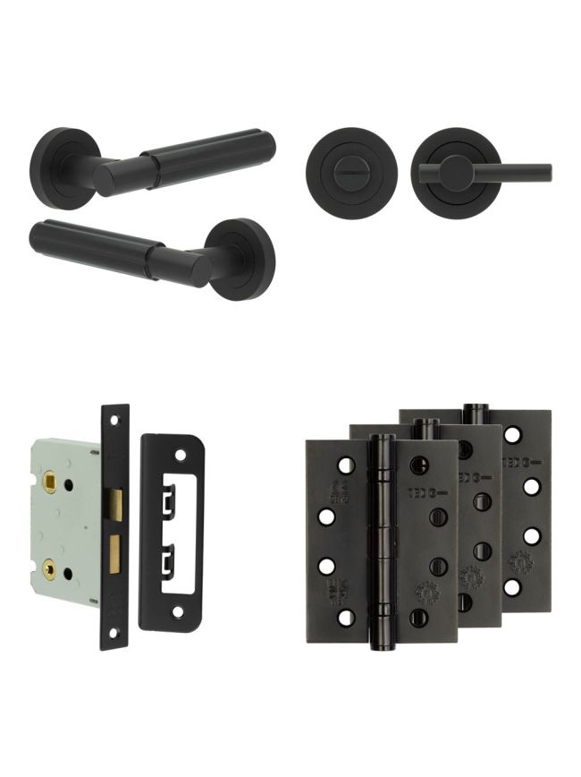 Complete Bloom Door Handle Pack - Bathroom Lock (Plain Thumb Turn) - Matt Black - 76mm / 4-inch Hinges - JE-B6A2-MB