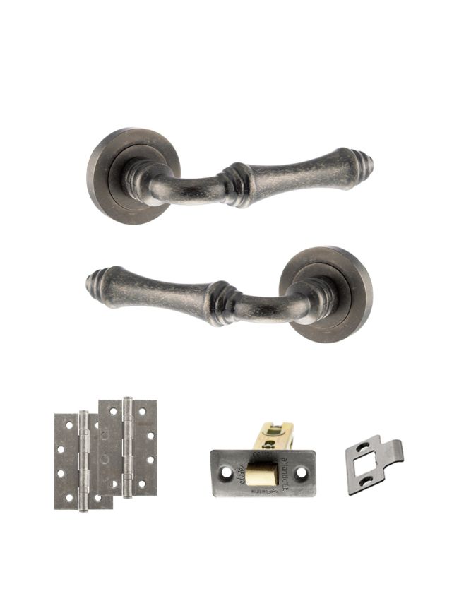 Old English Durham Door Handle Pack (Latch Set - 2.5" CE Latch, 4" Slim Knuckle Hinges x2) - Distressed Silver