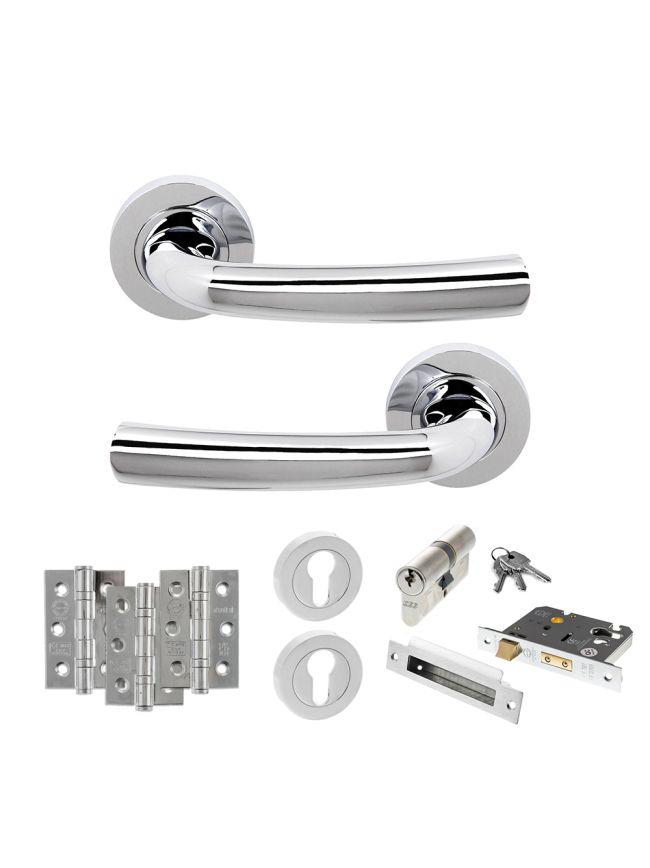 STATUS Nevada Door Handle Pack (Euro Lock Set - 2.5" CE Sashlock, 3" Fire Rated Hinges x3) - Polished Chrome