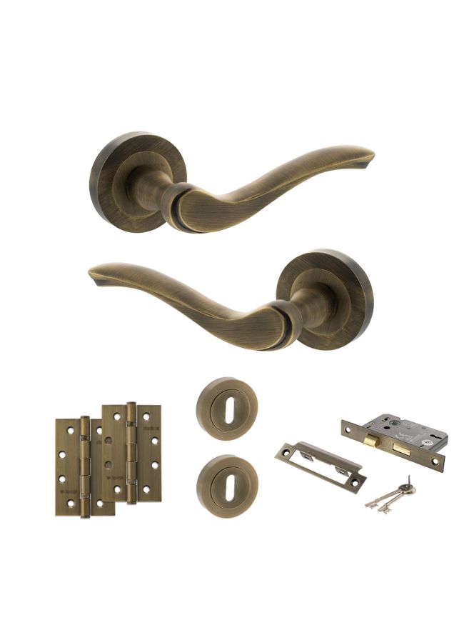 Old English Warwick Door Handle Pack (3 Lever Lock Set - 2.5" CE Sashlock, 4" Slim Knuckle Hinges x2) - Matt Antique Brass
