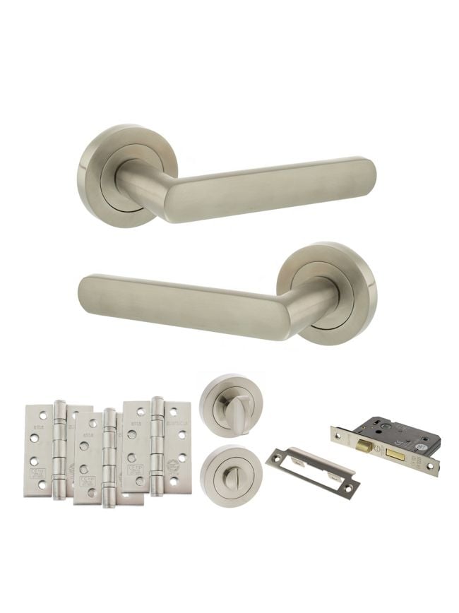 STATUS Carolina Door Handle Pack (Bathroom Set - 3" CE Bathroom Lock, 4" Fire Rated Hinges x3) - Satin Nickel