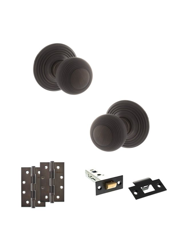 Old English Ripon Door Knob Pack (Latch Set - 3" HD Latch, 4" Slim Knuckle Hinges x2) - Urban Dark Bronze