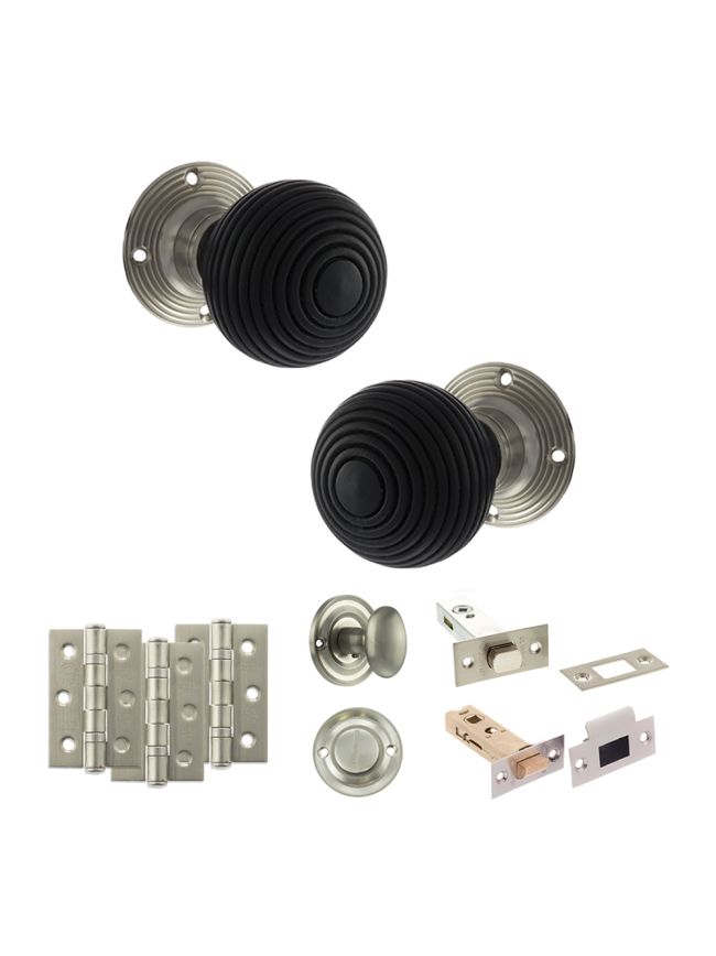 Old English Whitby Door Knob Pack (Bathroom Set - 4" Deadbolt, 3" Fire Rated Hinges x3) - Satin Nickel