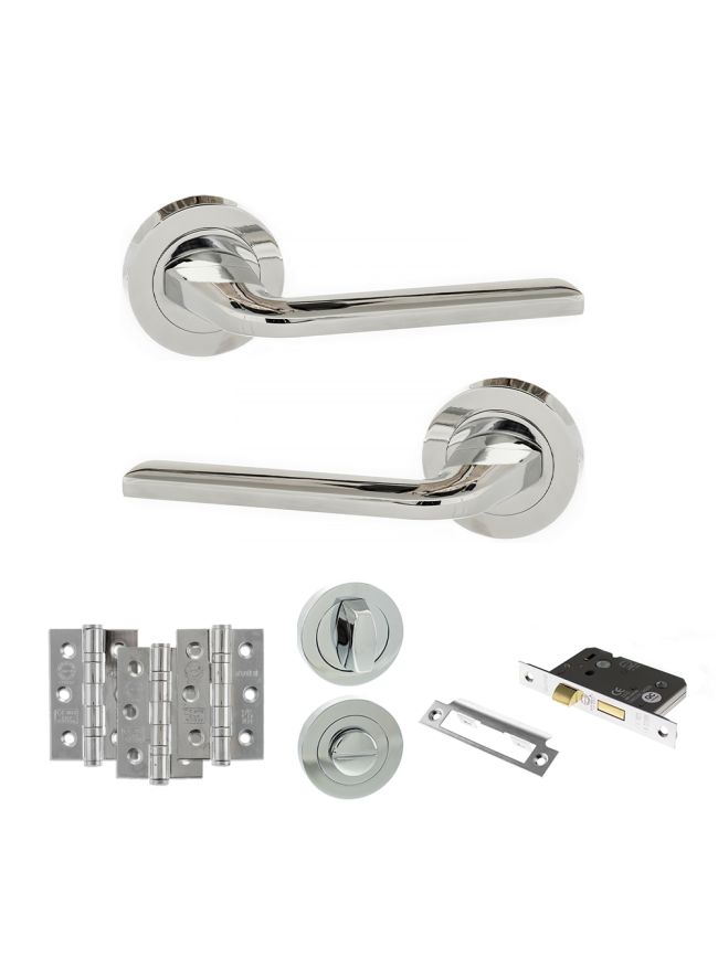 Eco Surf Door Handle Pack (Bathroom Set - 3" CE Bathroom Lock, 3" Fire Rated Hinges x3) - Polished Chrome