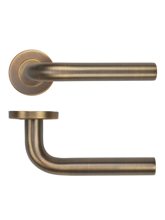 Zoo Hardware 19mm Radius Lever on Round Rose 52mm x 8mm Push-on Rose - BS EN 1906 Grade 3 - Grade 201 - Antique Brass