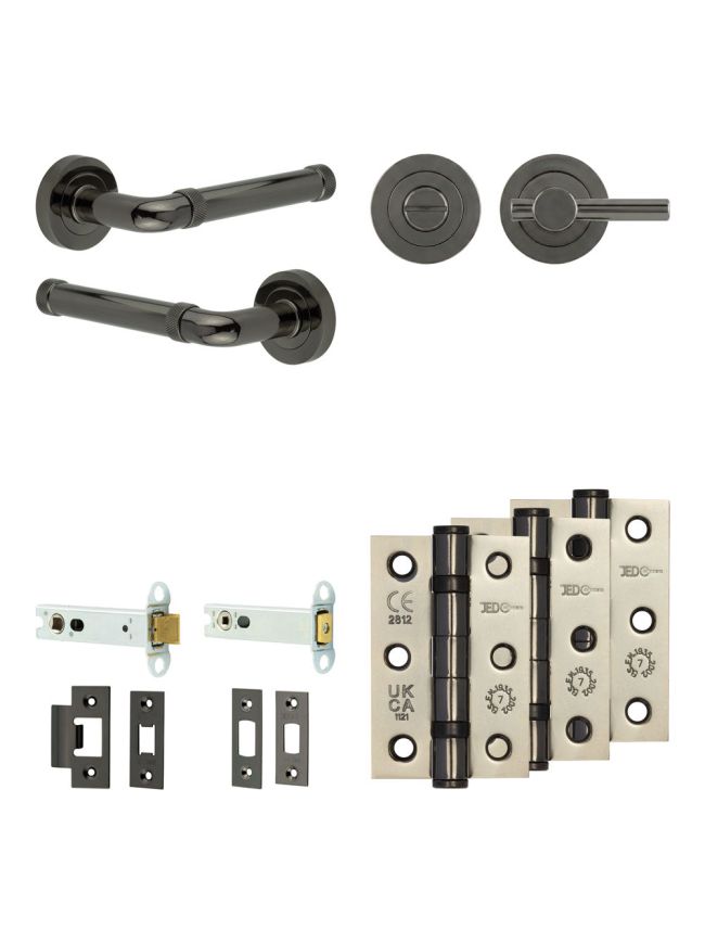 Complete Midtown Door Handle Pack - Heavy Duty Tubular Bathroom (Plain Thumb Turn) - Black Nickel - 102mm / 3-inch Hinges - JE-G32B2-BN
