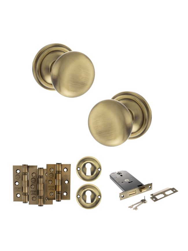 Old English Harrogate Door Knob Pack (Lock Set - Horizontal Sashlock, 3" Fire Rated Hinges x3) - Antique Brass