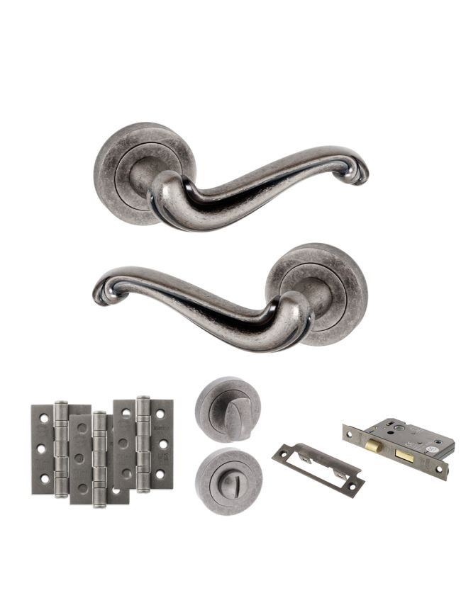 Old English Colchester Door Handle Pack (Bathroom Set - 3" CE Bathroom Lock, 3" Fire Rated Hinges x3) - Distressed Silver
