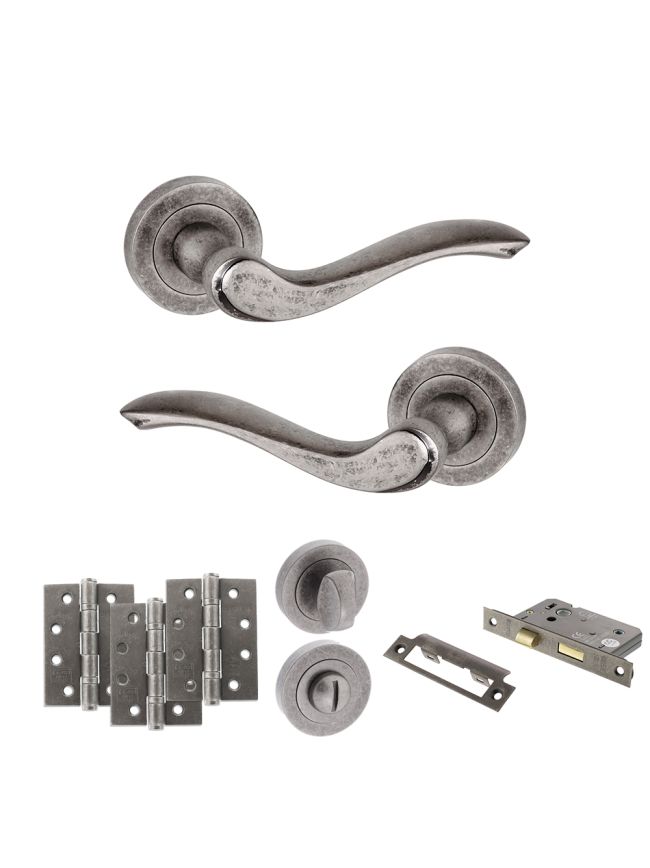 Old English Warwick Door Handle Pack (Bathroom Set - 2.5" CE Bathroom Lock, 4" Fire Rated Hinges x3) - Distressed Silver
