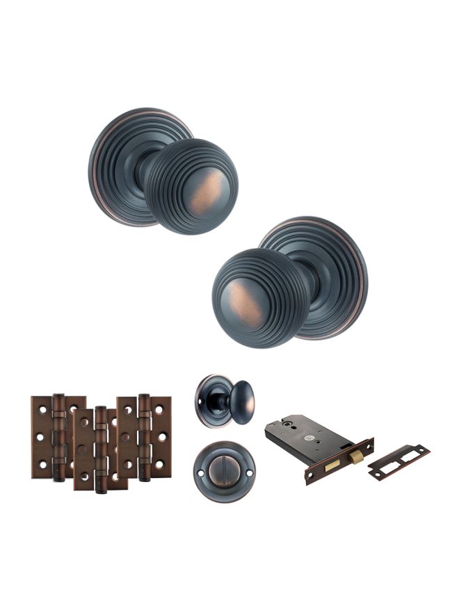 Old English Ripon Door Knob Pack (Lock Set - Horizontal Bathlock, 3" Fire Rated Hinges x3) - Antique Copper
