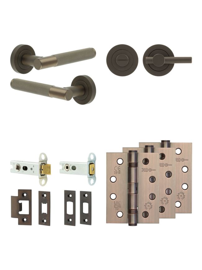 Complete Bari Door Handle Pack - Heavy Duty Tubular Bathroom (Plain Thumb Turn) - Dark Bronze - 76mm / 4-inch Hinges - JE-D31A2-DB