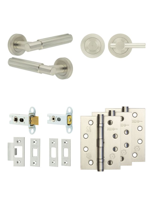 Complete Bloom Door Handle Pack - Heavy Duty Tubular Bathroom (Plain Thumb Turn) - Satin Nickel - 64mm / 4-inch Hinges - JE-B30A2-SN