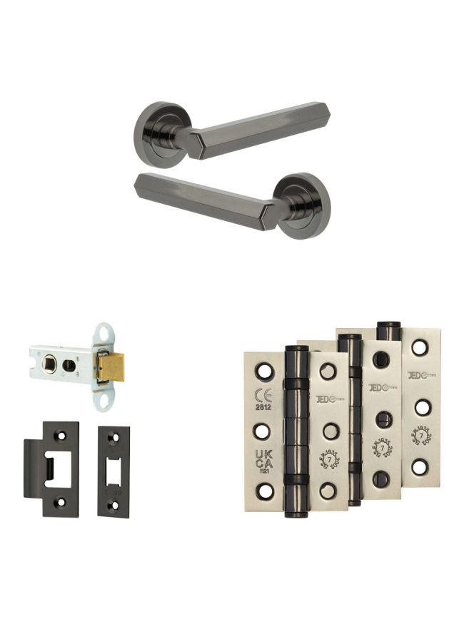 Complete Hex Door Handle Pack - Heavy Duty Latch - Black Nickel - 64mm / 3-inch Hinges - JE-C20B-BN