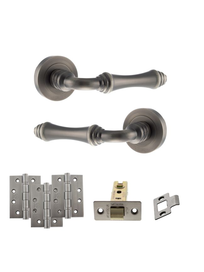 Old English Durham Door Handle Pack (Latch Set - 3" CE Latch, 4" Fire Rated Hinges x3) - Matt Gun Metal
