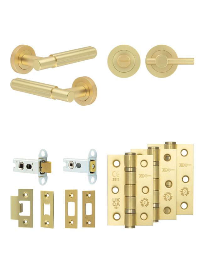 Complete Bloom Door Handle Pack - Heavy Duty Tubular Bathroom (Plain Thumb Turn) - Satin Brass - 64mm / 3-inch Hinges - JE-B30B2-SB