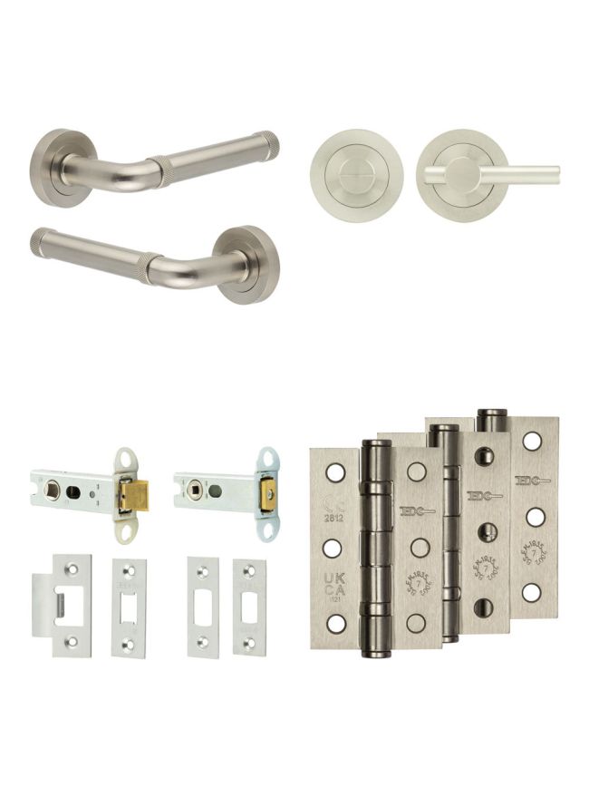 Complete Midtown Door Handle Pack - Heavy Duty Tubular Bathroom (Plain Thumb Turn) - Satin Nickel - 76mm / 3-inch Hinges - JE-G31B2-SN