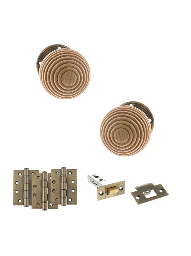 Old English Bridlington Door Knob Pack (Latch Set - 4" HD Latch, 4" Fire Rated Hinges x3) - Antique Brass