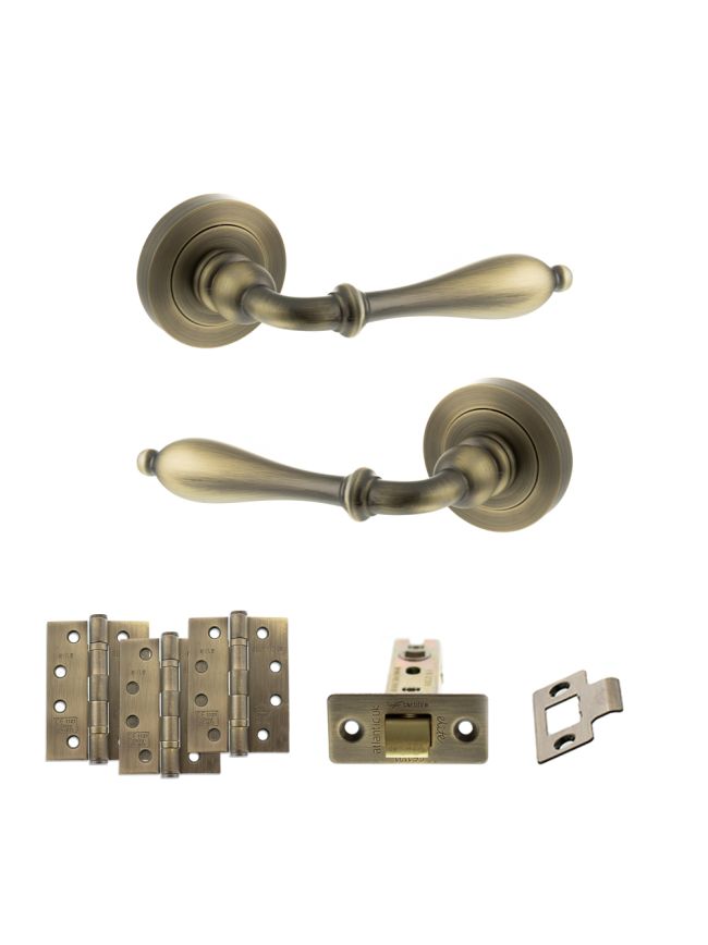 Old English Wrexham Door Handle Pack (Latch Set - 2.5" CE Latch, 4" Fire Rated Hinges x3) - Matt Antique Brass