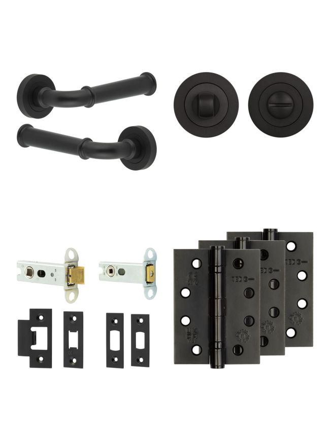 Complete Classic Door Handle Pack - Heavy Duty Tubular Bathroom (Standard Thumb Turn) - Matt Black - 76mm / 4-inch Hinges - JE-A31A3-MB