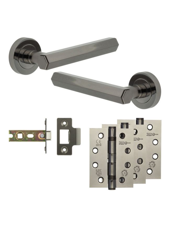 Complete Hex Door Handle Pack - Internal Doors - Black Nickel - 64mm / 4-inch Hinges - JE-C1A-BN