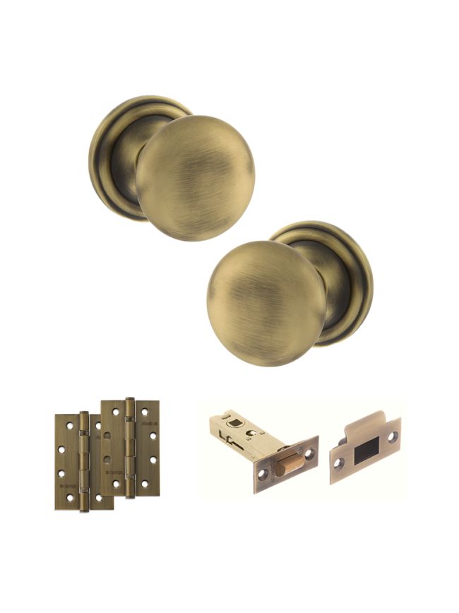 Old English Harrogate Door Knob Pack (Latch Set - 3" HD Latch, 4" Slim Knuckle Hinges x2) - Matt Antique Brass