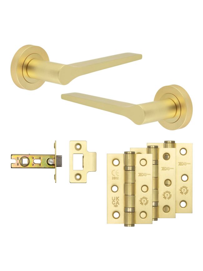 Complete Gio Door Handle Pack - Internal Doors - Satin Brass - 64mm / 3-inch Hinges - JE-E1B-SB