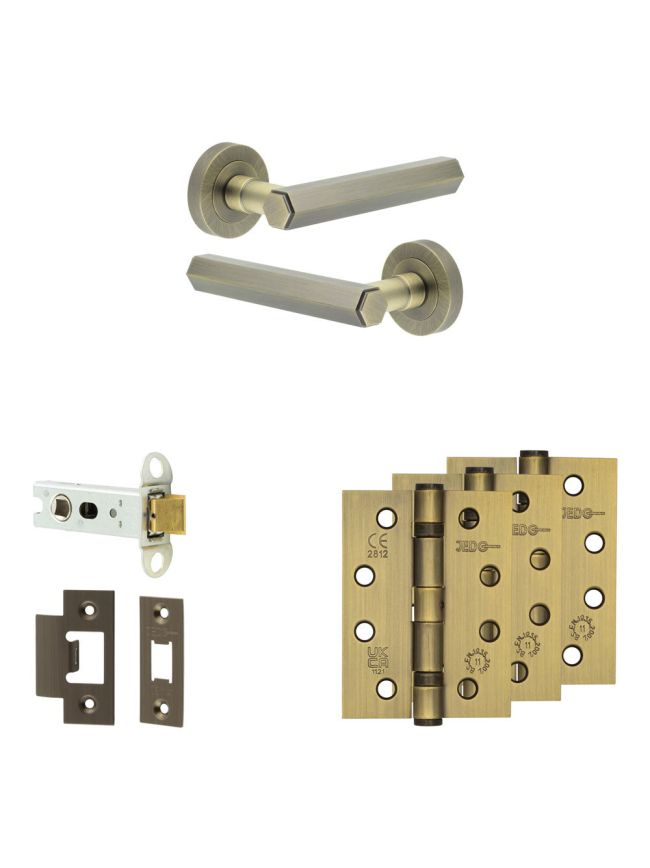 Complete Hex Door Handle Pack - Heavy Duty Latch - Antique Brass - 76mm / 4-inch Hinges - JE-C21A-AB