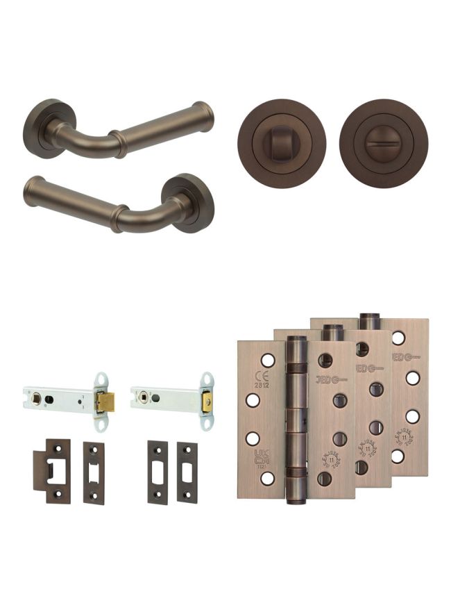 Complete Classic Door Handle Pack - Heavy Duty Tubular Bathroom (Standard Thumb Turn) - Dark Bronze - 102mm / 4-inch Hinges - JE-A32A3-DB