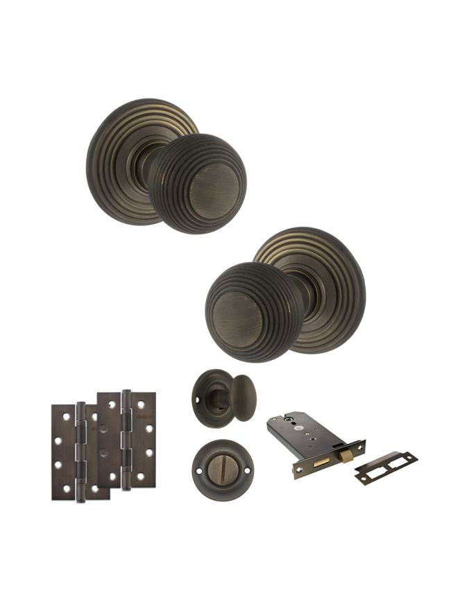 Old English Ripon Door Knob Pack (Lock Set - Horizontal Bathlock, 4" Slim Knuckle Hinges x2) - Urban Bronze