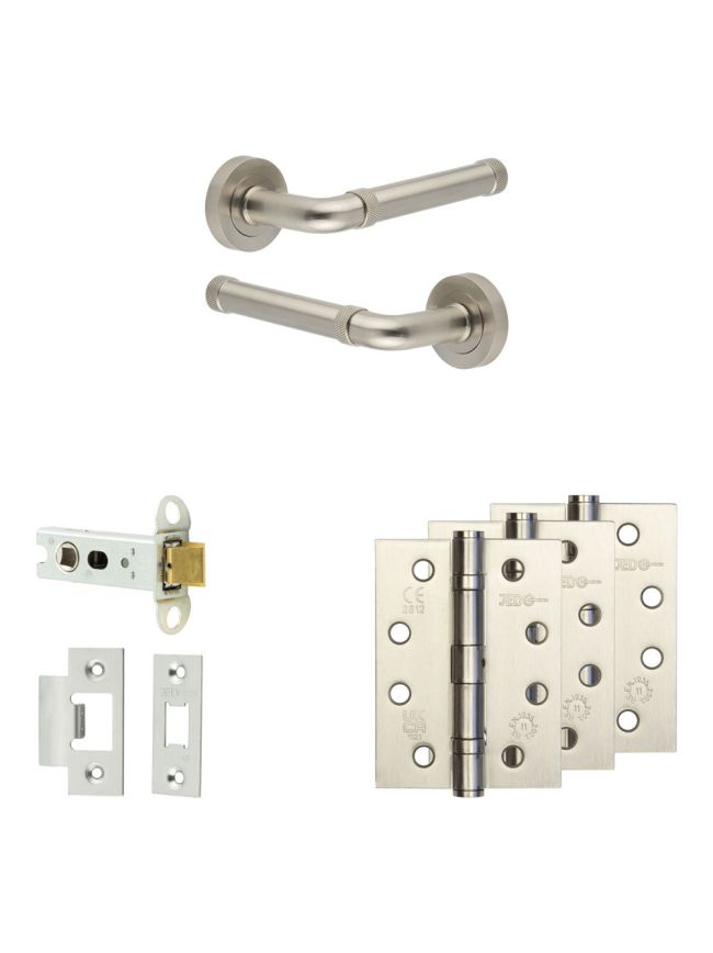 Complete Midtown Door Handle Pack - Heavy Duty Latch - Satin Nickel - 76mm / 4-inch Hinges - JE-G21A-SN