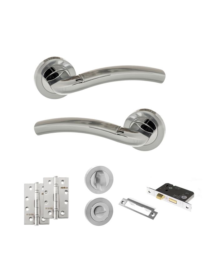 Eco Crest Door Handle Pack (Bathroom Set - 3" CE Bathroom Lock, 4" Slim Knuckle Hinges x2) - Satin Chrome/Polished Chrome