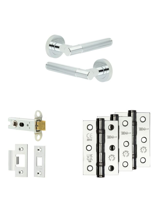 Complete Venice Door Handle Pack - Heavy Duty Latch - Polished Chrome - 76mm / 3-inch Hinges - JE-F21B-PC