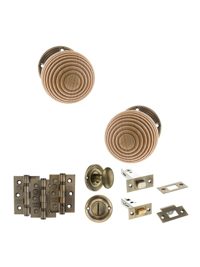 Old English Bridlington Door Knob Pack (Bathroom Set - 4" Deadbolt, 3" Fire Rated Hinges x3) - Antique Brass