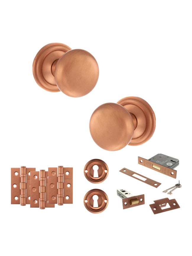 Old English Harrogate Door Knob Pack (Lock Set - 3" Latch & Deadlock, 3" Fire Rated Hinges x3) - Urban Satin Copper