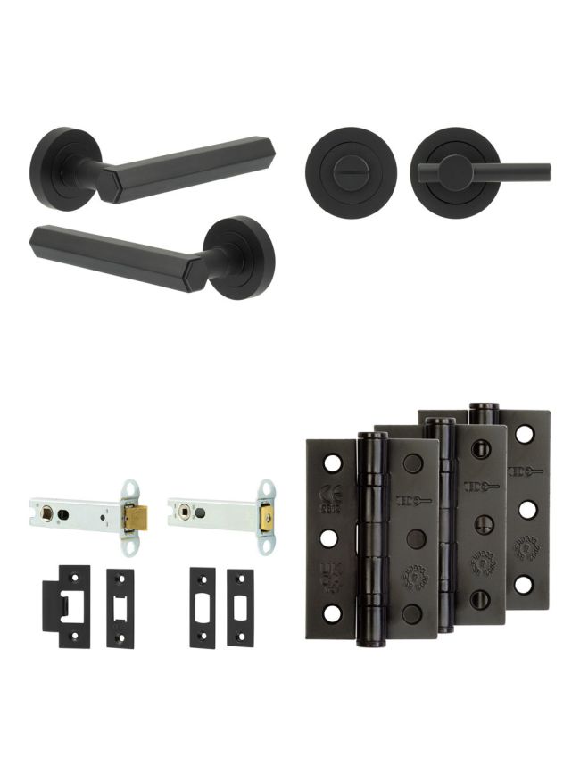 Complete Hex Door Handle Pack - Heavy Duty Tubular Bathroom (Plain Thumb Turn) - Matt Black - 102mm / 3-inch Hinges - JE-C32B2-MB