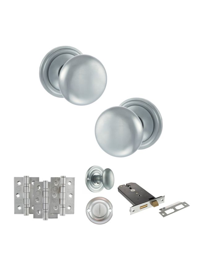 Old English Harrogate Door Knob Pack (Lock Set - Horizontal Bathlock, 3" Fire Rated Hinges x3) - Satin Chrome