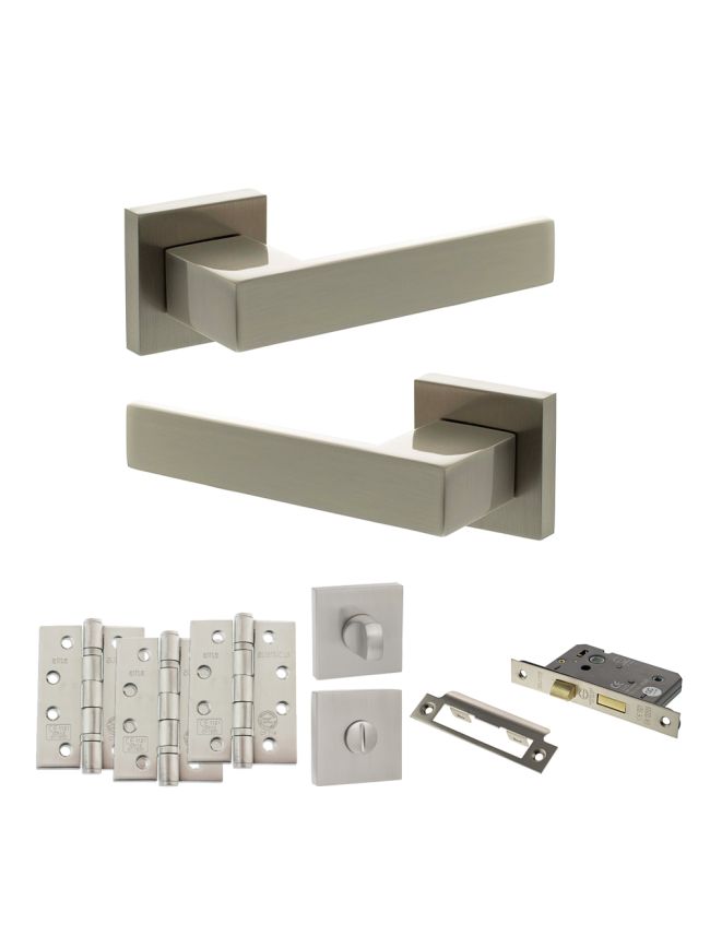Senza Pari Panetti Door Handle Pack (Bathroom Set - 3" CE Bathroom Lock, 4" Fire Rated Hinges x3) - Satin Nickel