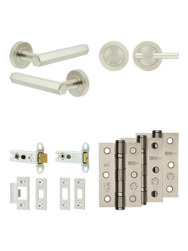 Complete Hex Door Handle Pack - Heavy Duty Tubular Bathroom (Plain Thumb Turn) - Satin Nickel - 76mm / 3-inch Hinges - JE-C31B2-SN