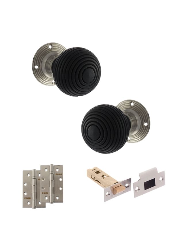 Old English Whitby Door Knob Pack (Latch Set - 3" HD Latch, 4" Slim Knuckle Hinges x2) - Satin Nickel